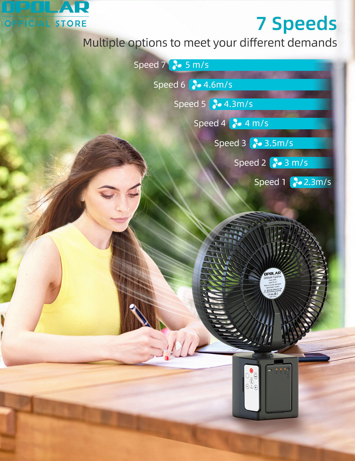 OPOLAR | ATEnge | ROCCIA Oscillating Rechargeable Fan w/Remote Super Strong 7 Speeds 2 in 1 Unique Design 20000mAh (2*10000mAh) 10 Inch Cordless Battery Operated Fan