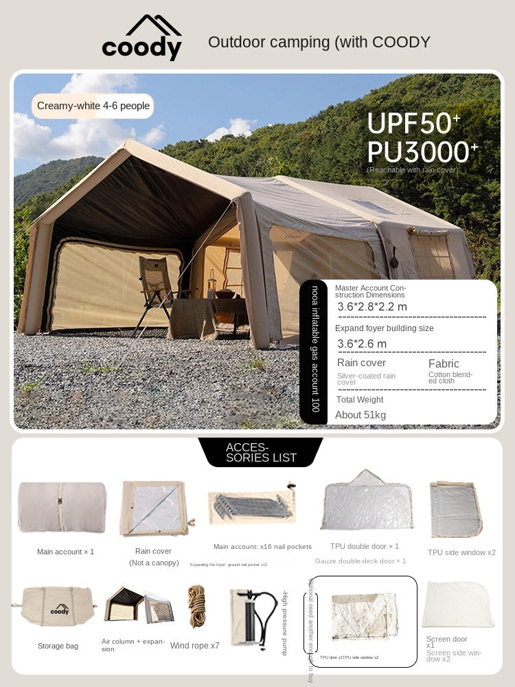 Coody AIR Cabin 10.0 Premium 4-6 Persons Inflatable Tent Blended Cotton PVC Air Pole Black Vinyl Coated Rain Cover Sunscreen 4 Season Rainproof Ridge Tent