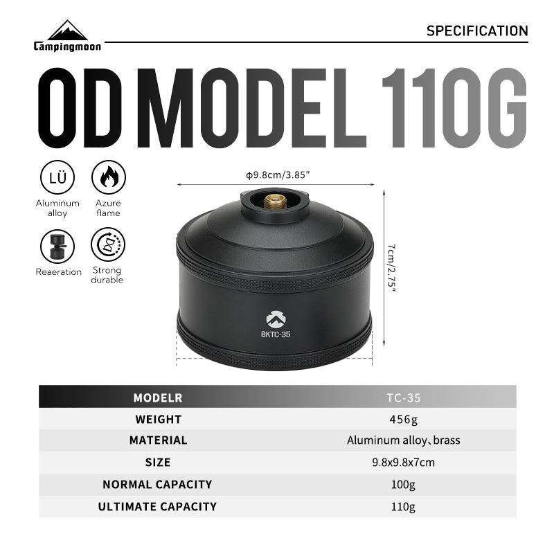 CAMPINGMOON BKTC-35 TC-35 Refillable Empty Screw Type Butane Canister Tank Premium CNC Finish Aluminum with Standard Nozzle Stove Lamp Lantern Torch