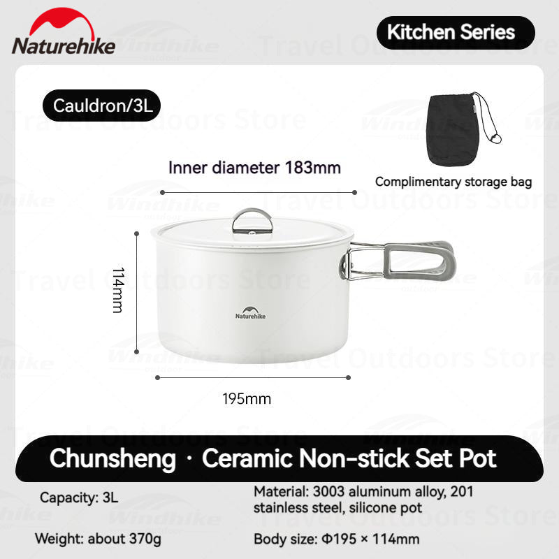 Naturehike Ceramic Non-Stick Set Of Pots And Frying Pans Portable Tableware Stackable Cookware Folding Handle Stainless Steel Aluminum Alloy