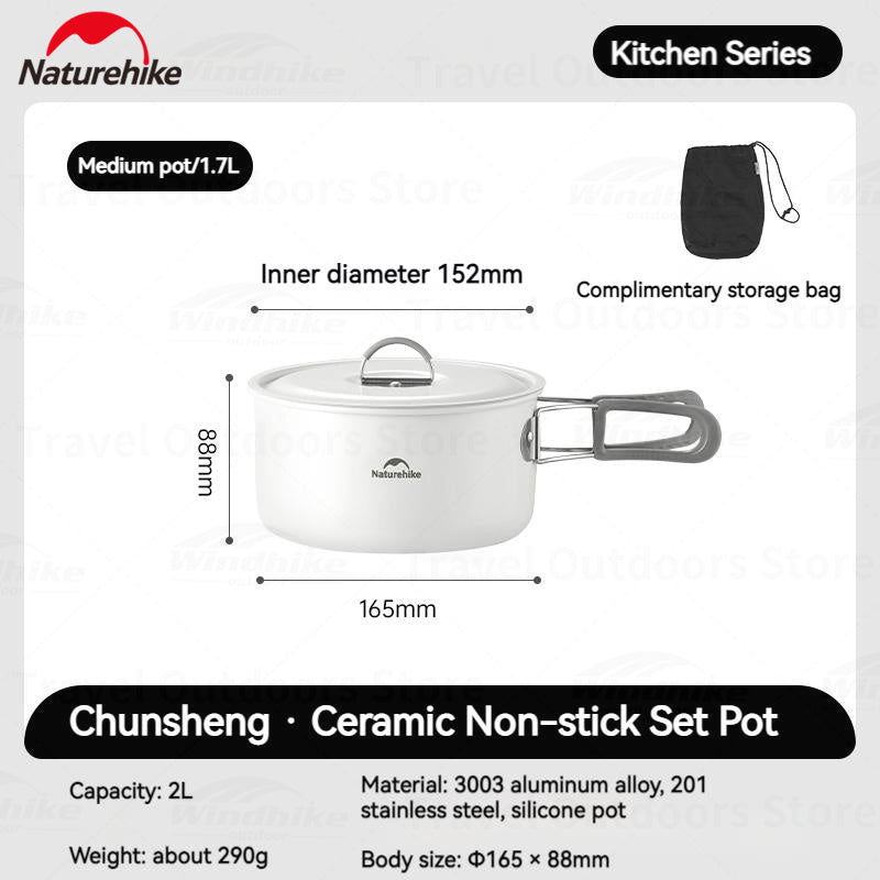 Naturehike Ceramic Non-Stick Set Of Pots And Frying Pans Portable Tableware Stackable Cookware Folding Handle Stainless Steel Aluminum Alloy