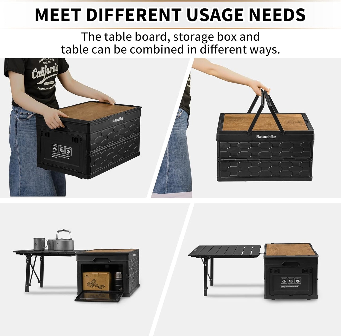 Naturehike LISAPACE Storage Box Plus Table Portable Lightweight Multifunctional 50L Capacity Folding Table Storage Box Desk Wood Top Lid Outdoor