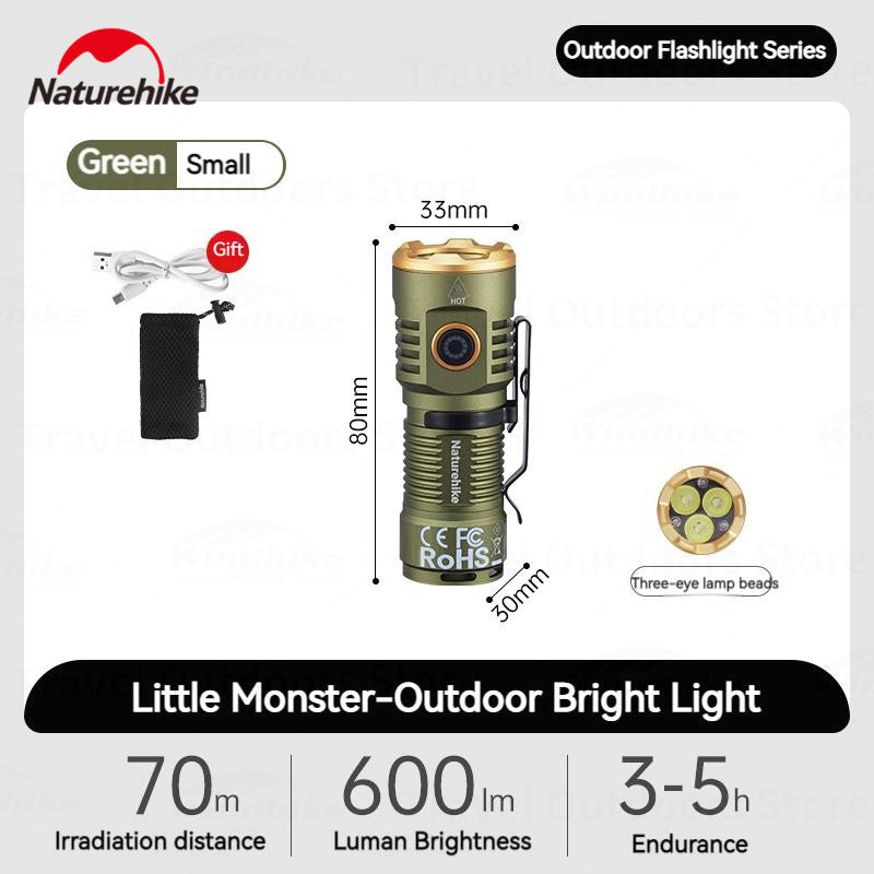 Naturehike LED Flashlight Portable Ultralight High Powered Electric Lamp Ambient Torch Lights Rechargeable Type-C Port Waterproof Irradiation Range