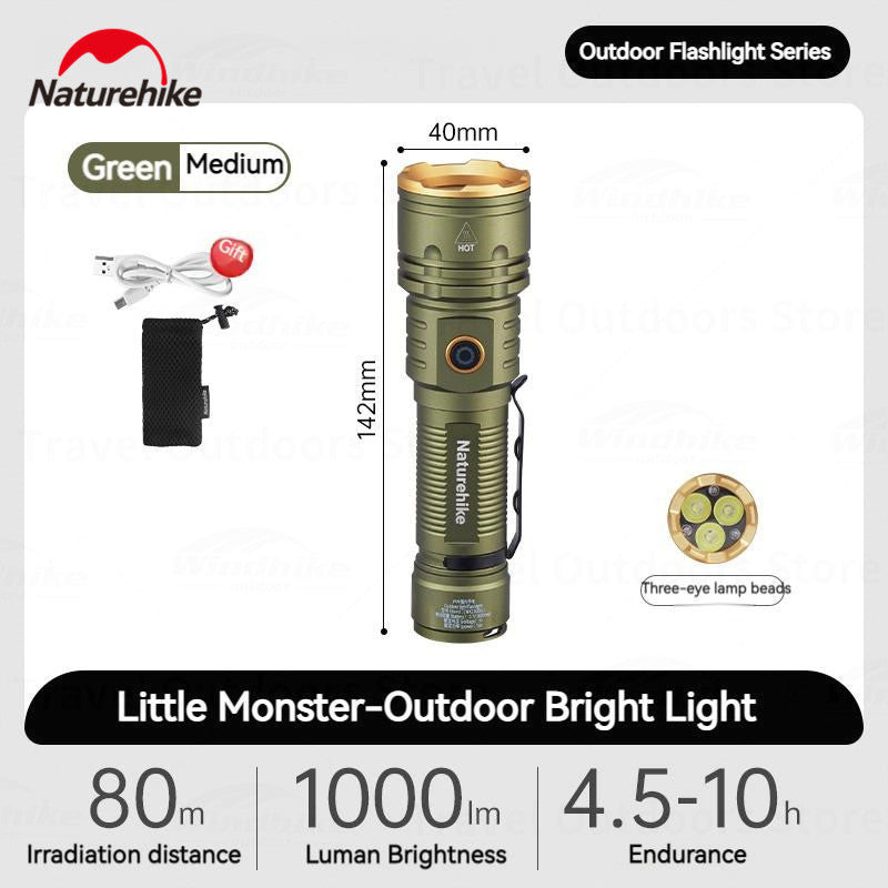 Naturehike LED Flashlight Portable Ultralight High Powered Electric Lamp Ambient Torch Lights Rechargeable Type-C Port Waterproof Irradiation Range