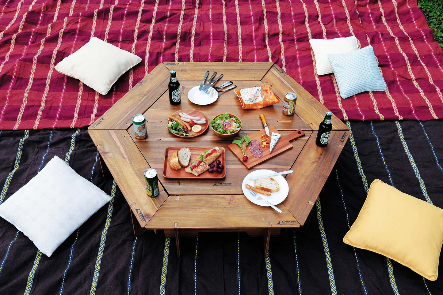 CAPTAIN STAG UP-1038 Modular Hexa Grill Table Set Portable Multi-Setup Folding Outdoor Camping BBQ Bonfire Table Natural Wood Veneer Plywood Table Set