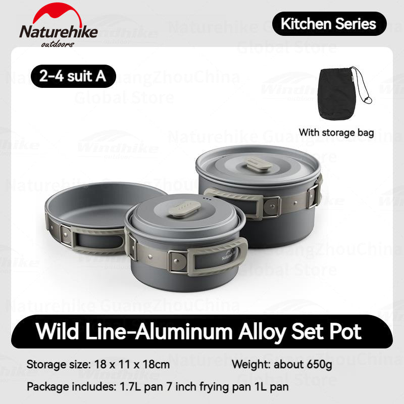 Naturehike Aluminum Alloy Set Pots Portable Lightweight Tableware Pot Frying Pan Kettle Folding Handle Camping Outdoor Hiking Travel Picnic Stackable Cookware