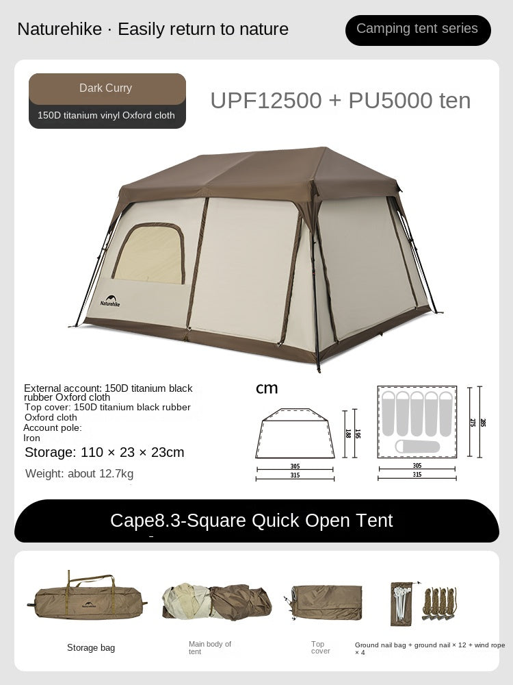 Naturehike CAPE 8.3 Automatic Cabin Style Tent Fast Build For 4-6 Persons Large Space Up To 14m² Use Space Ti Black Coated Sunscreen 150D Titanium Oxford Cloth Iron