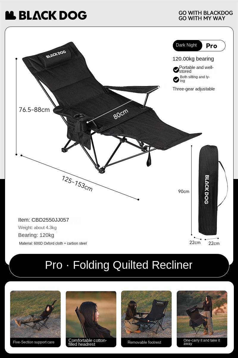BLACKDOG Foldable Recliner Camping Chair Portable Lunch Break Balcony Home Leisure Sitting And Sleeping Chair With Pillow 4-Speed Adjustable Dual-Use Nap Lazy Outdoor Beach Chair Black Dog