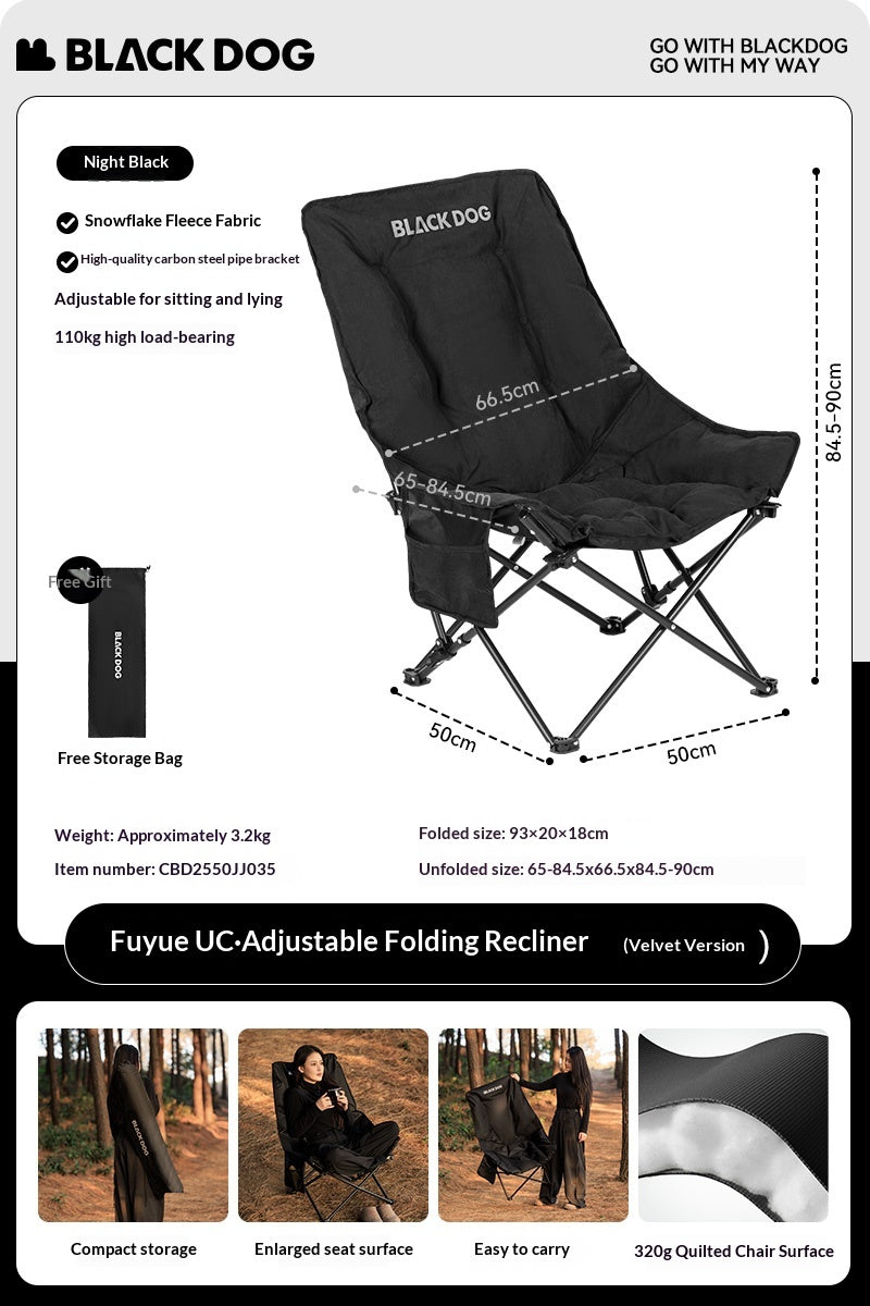 Blackdog FLOATING MOON Foam Padded Adjustable Recliner Folding Cotton Camping Lounge Chair Carbon Steel Leisure Outdoor Picnic Thicken