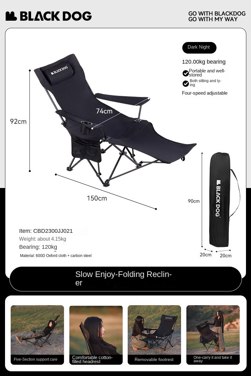 BLACKDOG Foldable Recliner Camping Chair Portable Lunch Break Balcony Home Leisure Sitting And Sleeping Chair With Pillow 4-Speed Adjustable Dual-Use Nap Lazy Outdoor Beach Chair Black Dog