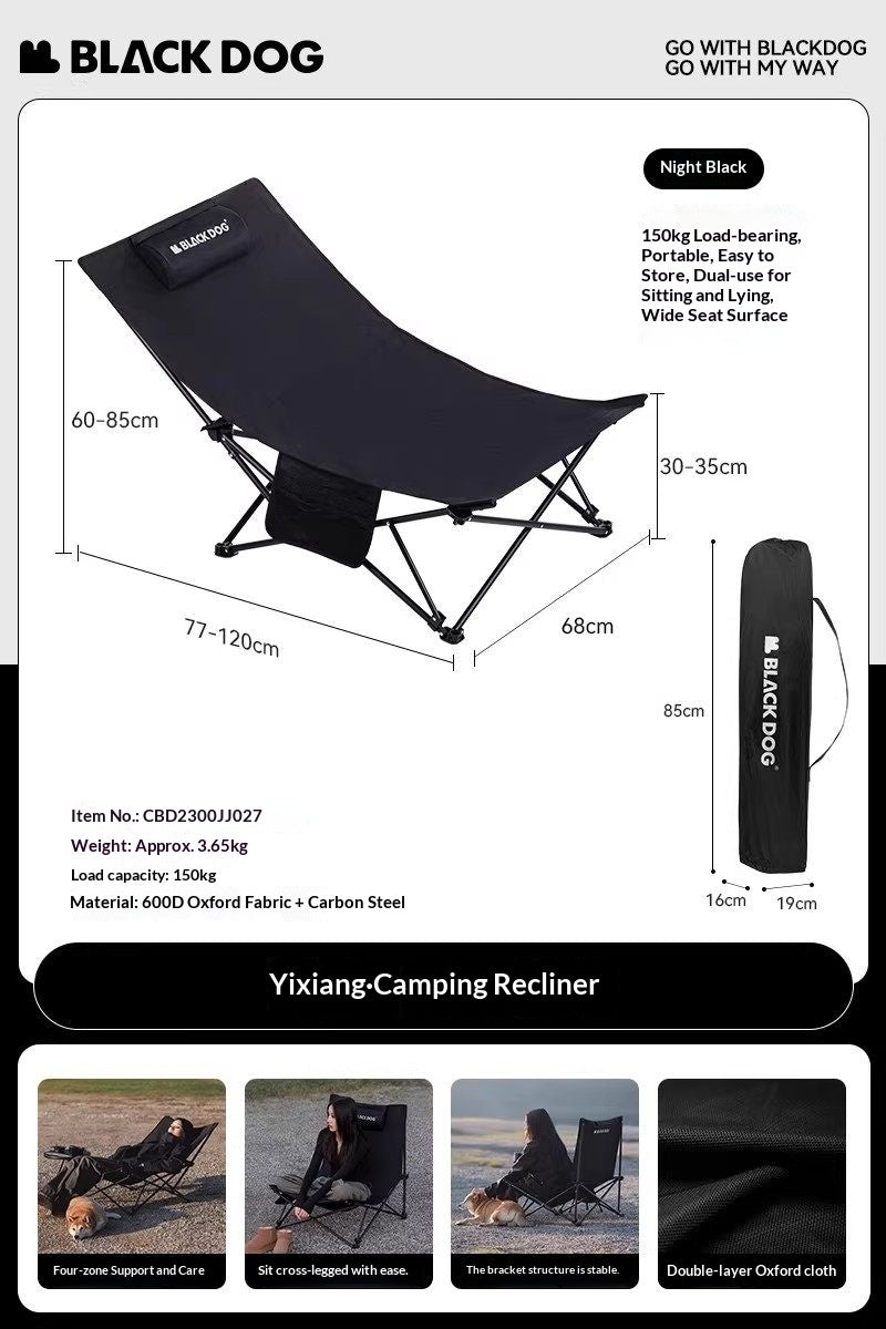 BLACKDOG Black Foldable Camping Lounger Portable Leisure Chair and Bed 2 in 1 Reclining Removable Headrest Pillow Folding Office Balcony Chair