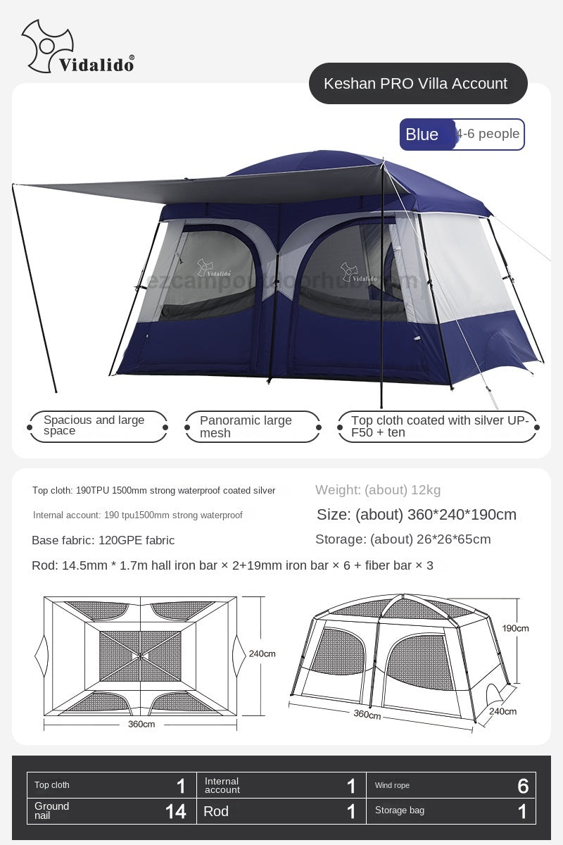 Vidalido AN SAAN Series M PRO Villa Tent Portable 4-6 Person Cabin Style Tent Large Space Three Dimensional Ventilation Outdoor Camping Waterproof