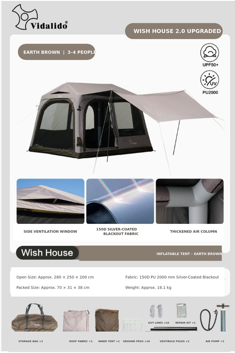Vidalido WISH HOUSE 7.0 Air Inflatable Tent Fast Build 3-4 Person Ti Silver Coated Sunscreen PVC Air Poles Full View Mesh Waterproof 13m² Usable Space