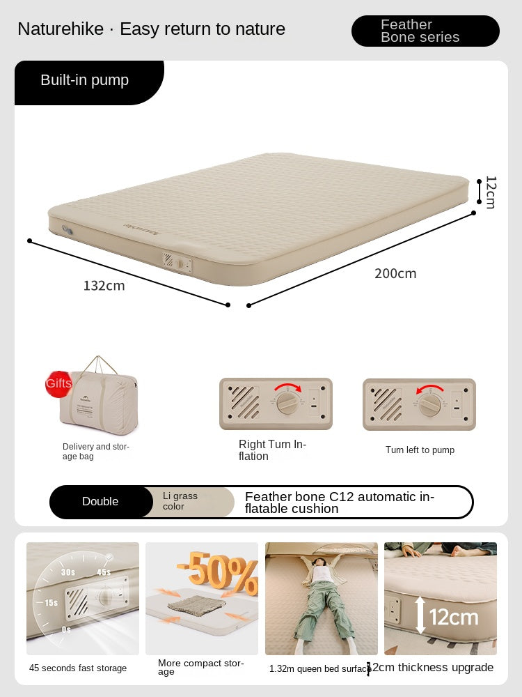 Naturehike FEATHER BONE C12 Inflatable Sleeping Pad Cushion Foam Queen Size Mattress Bed Mat Portable Storage Built-in Air Inflate Deflate Pump