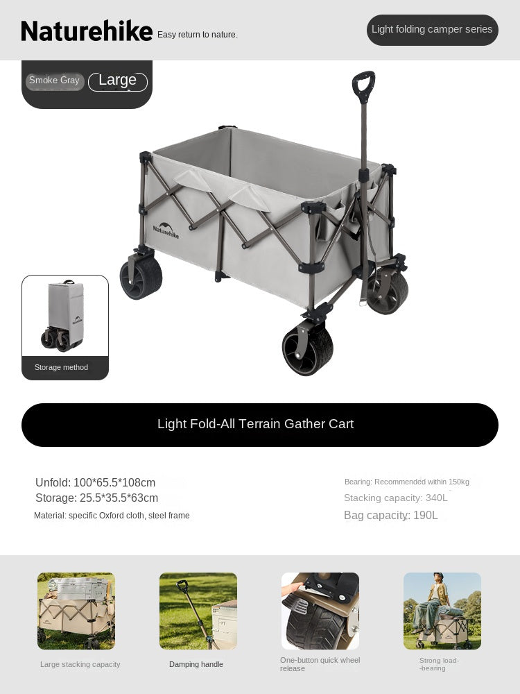 Naturehike Multi-Terrain Gathering Cart Multifunction Foldable Camping Trolley Large Capacity Outdoor Cart Wagon Collapsible 360°