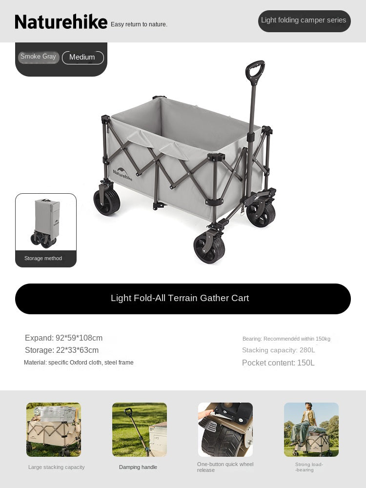 Naturehike Multi-Terrain Gathering Cart Multifunction Foldable Camping Trolley Large Capacity Outdoor Cart Wagon Collapsible 360°