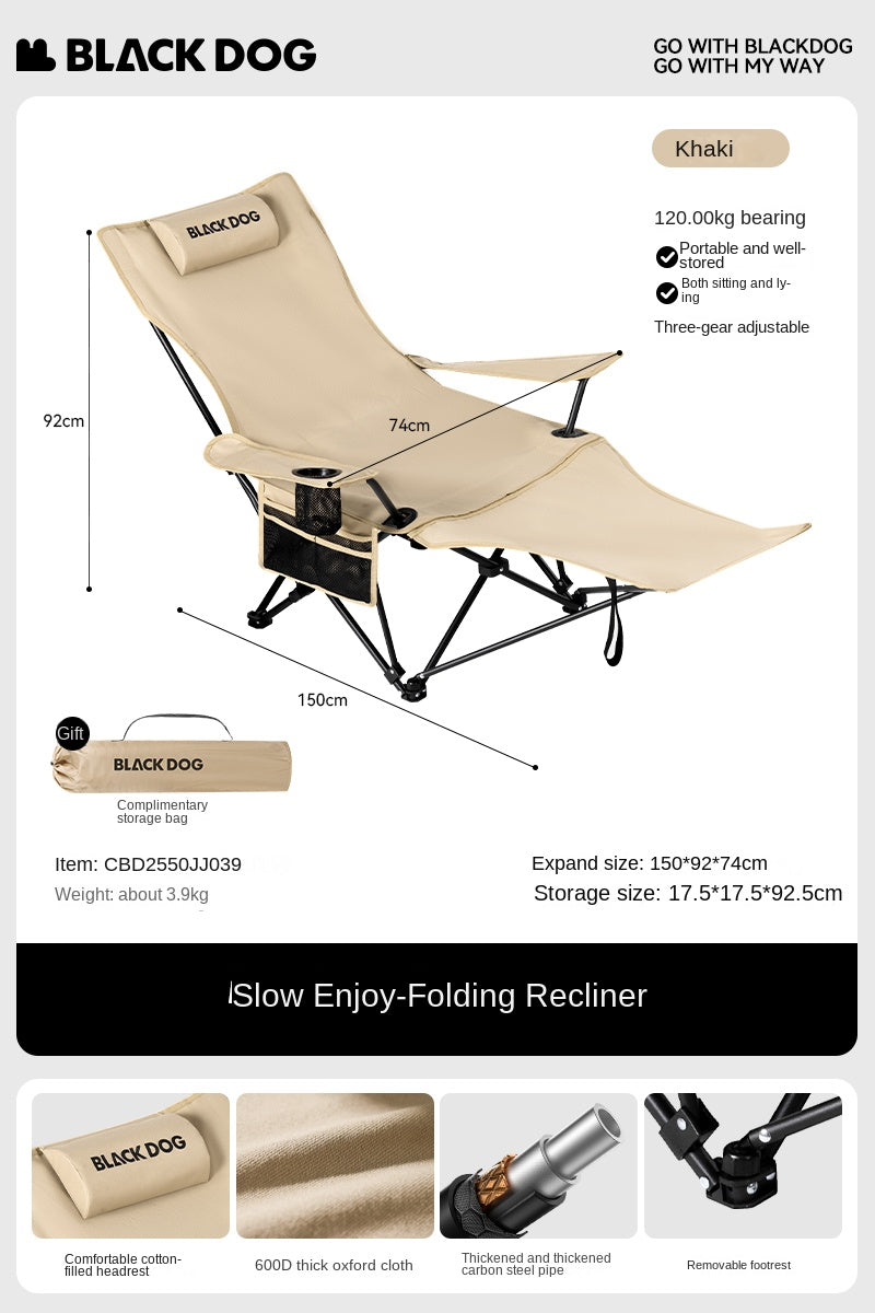 BLACKDOG Foldable Recliner Camping Chair Portable Lunch Break Balcony Home Leisure Sitting And Sleeping Chair With Pillow 4-Speed Adjustable Dual-Use Nap Lazy Outdoor Beach Chair Black Dog