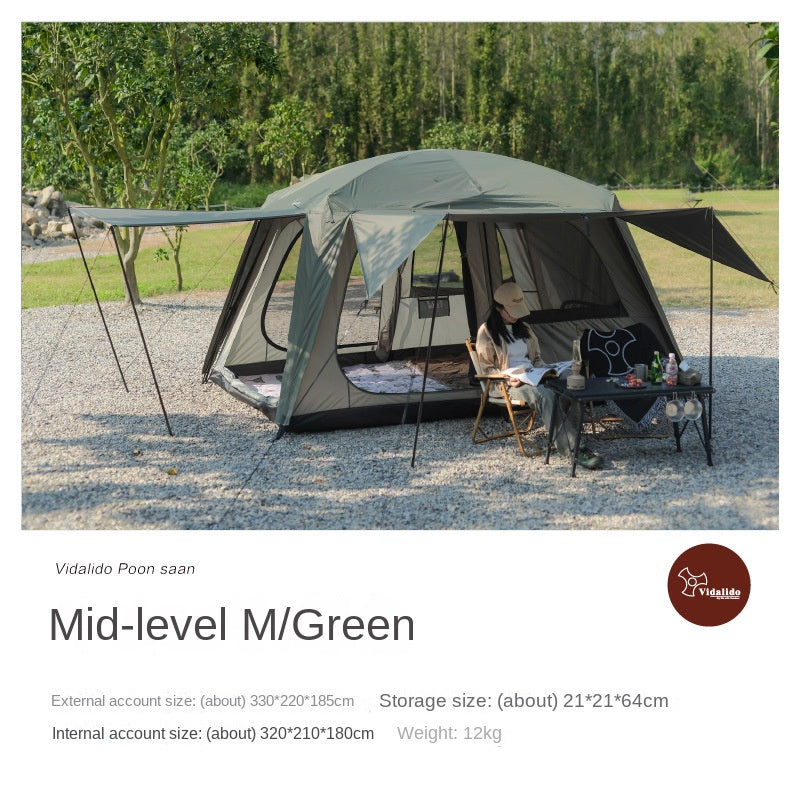 VIDALIDO Poon Saan Cabin Style Tent Semi-Automatic Waterproof Breathable Outdoor Camping Medium Large Tent for 4-10 Person Black Khaki Banshan Villa