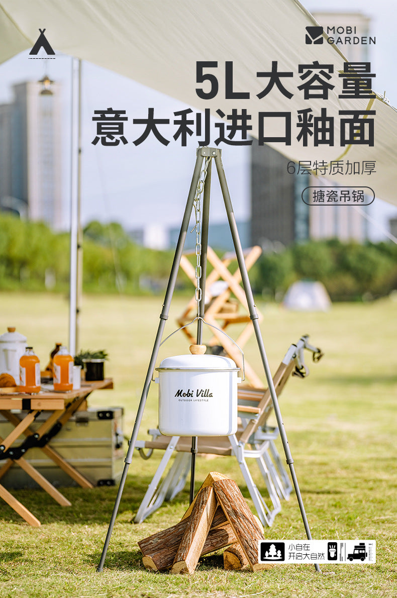 Mobi Garden 5L Enamel Glazed Coated Hanging Large Pot Retro Style Meals for 5-6 Persons Camping Outdoor Cooking Kitchenware Equipment Hiking Travel Picnic Beach Heavy Duty Original MobiGarden