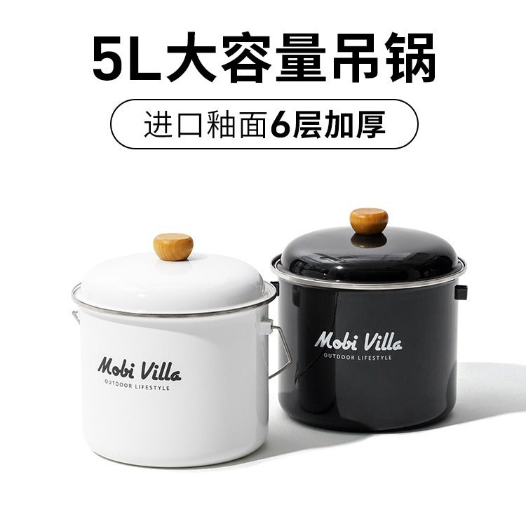Mobi Garden 5L Enamel Glazed Coated Hanging Large Pot Retro Style Meals for 5-6 Persons Camping Outdoor Cooking Kitchenware Equipment Hiking Travel Picnic Beach Heavy Duty Original MobiGarden