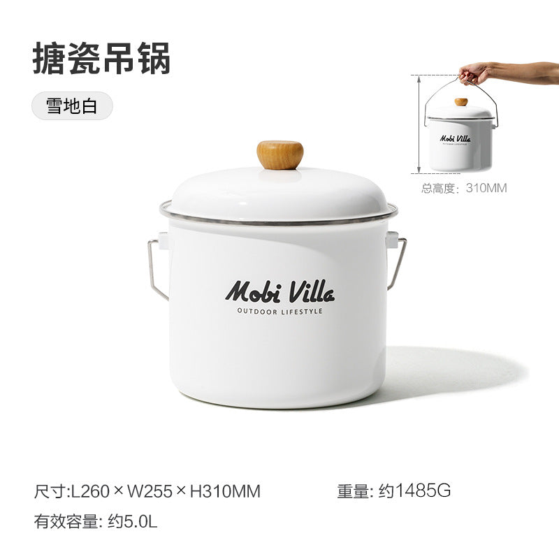 Mobi Garden 5L Enamel Glazed Coated Hanging Large Pot Retro Style Meals for 5-6 Persons Camping Outdoor Cooking Kitchenware Equipment Hiking Travel Picnic Beach Heavy Duty Original MobiGarden