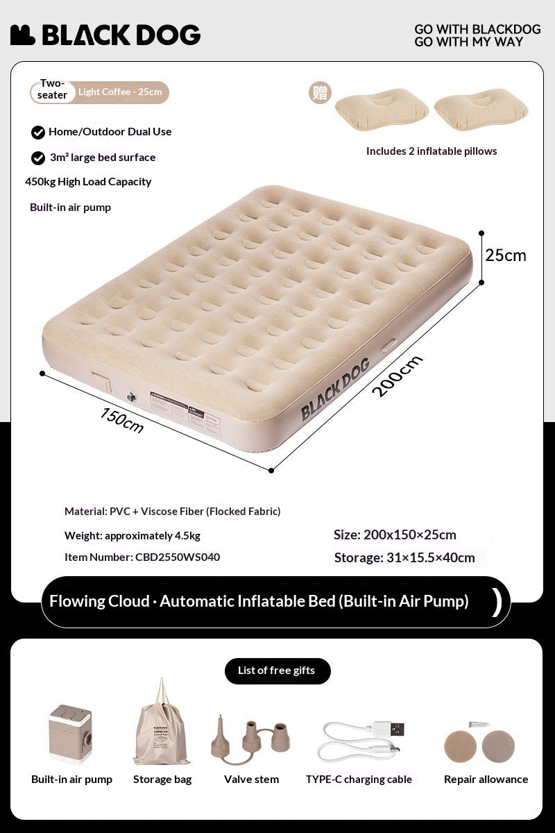 Blackdog CLOUD NEST Automatic Air Inflatable Bed Sleeping Pad 1-2 Persons Camping Home Use Single Queen Size Mattress Built-in Electric USB Charging Air Pump Lamp