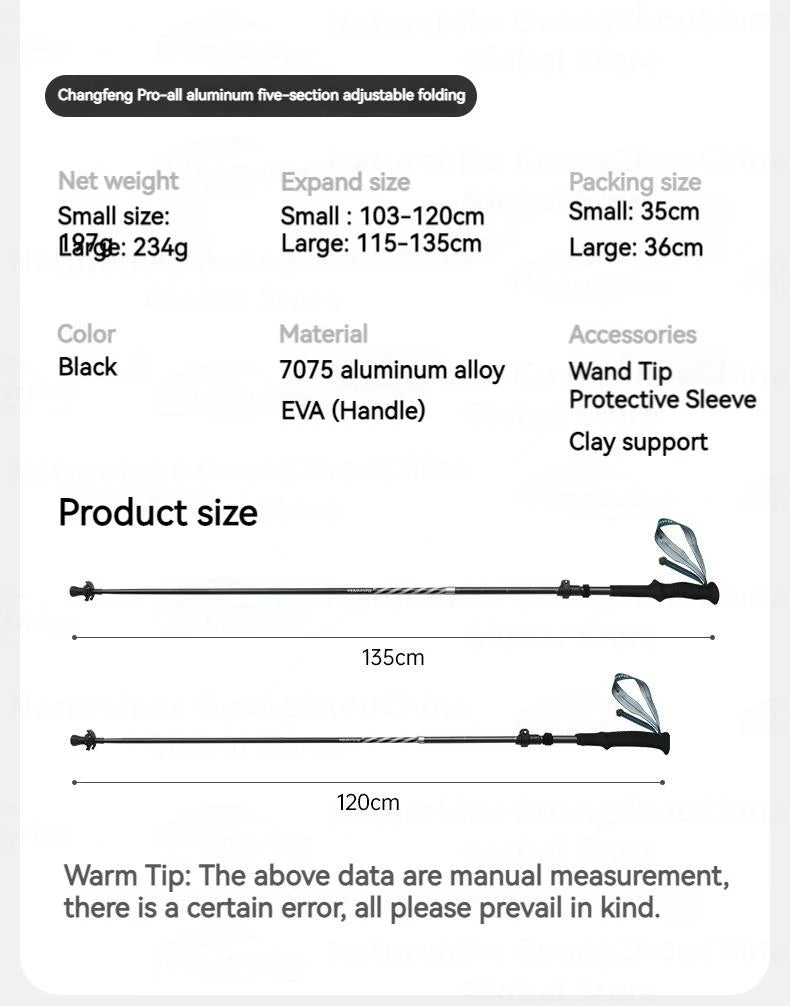 Naturehike UL Pro Mountaineering Stick Portable Ultralight 5-Section Folding Telescopic Walking Stick Pole Carbon Fiber Trekking Hiking Canes