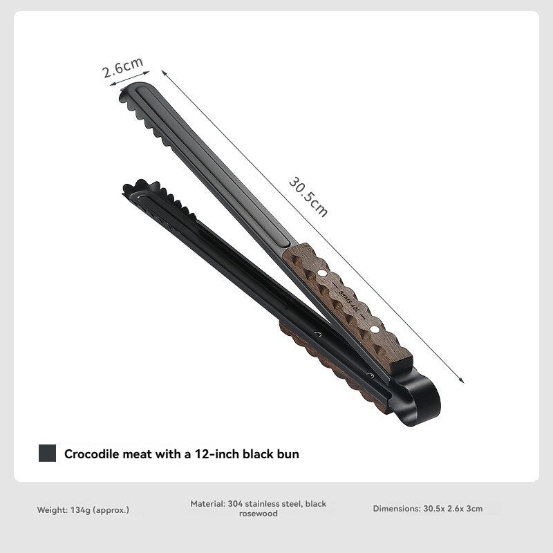 Campingmoon BKMS-40L 12-Inch Crocodile Meat Clip Stainless Steel BBQ Anti-Scalding Wooden Handle