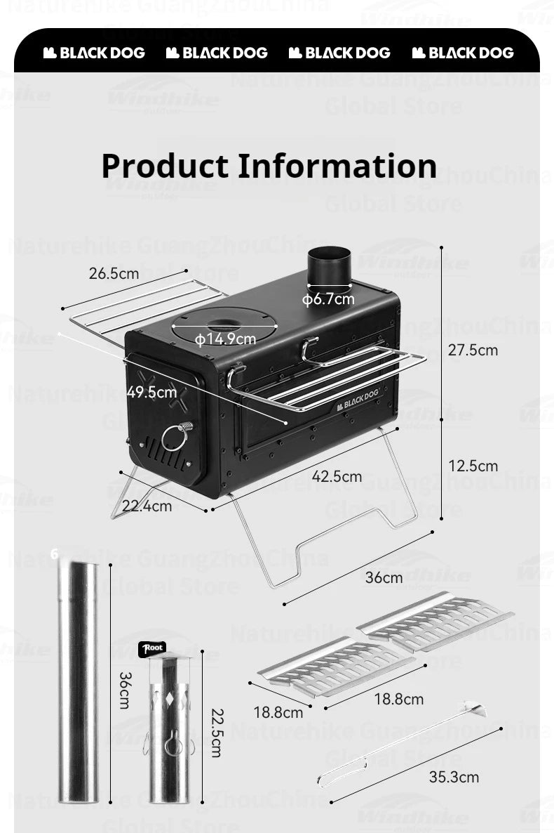 Blackdog FIRE SHADOW Wood Stove Portable Lightweight Wood-Burning Furnace Folding Burner Patio Fireplace 430 Stainless Steel Outdoor Camping Tent