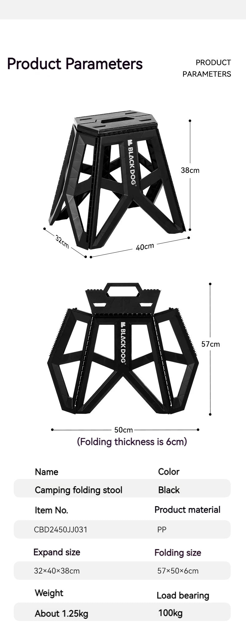 BLACKDOG Ultralight Folding Stool PP Chair Outdoor Portable Stable Bucket Rack Camping Travel Fishing Beach Stool Chair Load Bearing 100kg Heavy Duty Original Black Dog