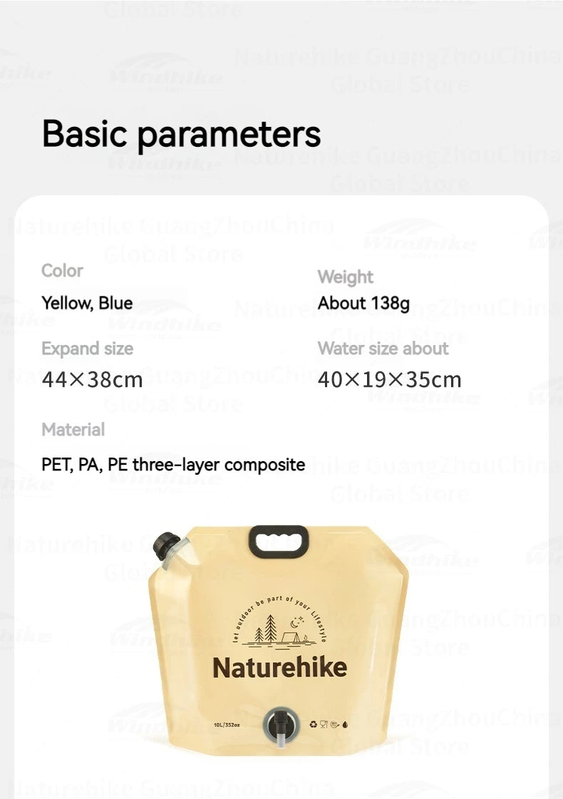 Naturehike Outdoor Water Bag Portable Lightweight Foldable 10L Large Capacity With Faucet Handle Folding Thick Soft Food Grade Water Container Camping