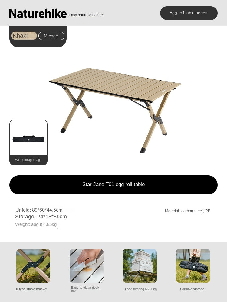 Naturehike STAR JANE T01 Egg Roll Table Portable Foldable Small Medium Large Sizes 150kg Max Load Folding Table Carbon Steel Black Khaki Carbon Steel Heavy Duty