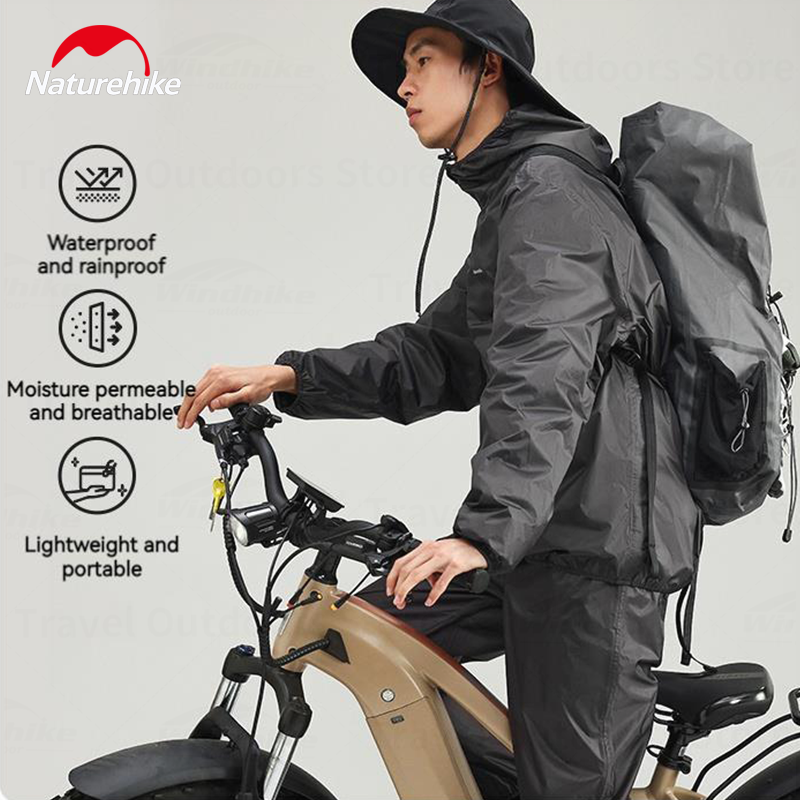 Naturehike Split Type Black Raincoat Portable Ultralight Multifunctional Folding Adult Unisex Jacket For Cycling Fishing Mountaineering Camping Outdoor Hiking Original Nature Hike