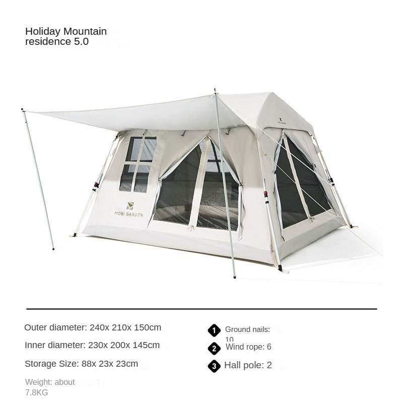 Mobi Garden HOLIDAY Series 5.0 Fast Automatic Cabin Style Tent for 3-4 Person Waterproof Silver Coated Sunscreen Quick Open Outdoor Camping Tent Mobigarden village 5 Mountain Residence