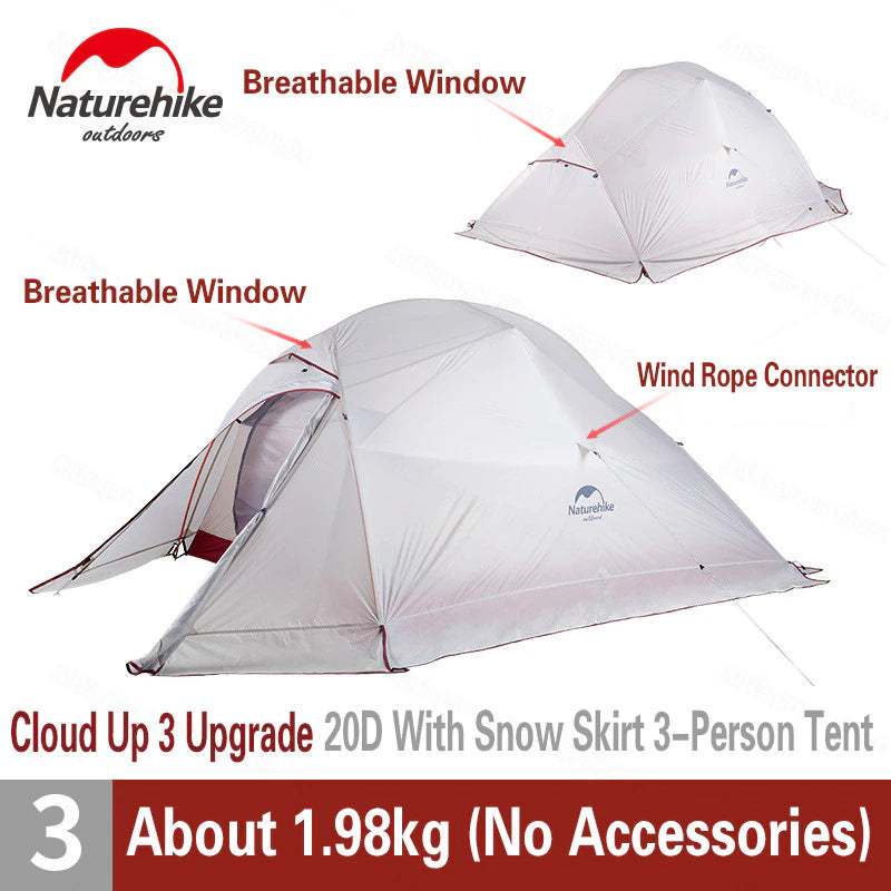 Naturehike Cloud Up Series 1 2 3 Person Portable Ultralight Weight Outdoor Camping Hiking Cycling Waterproof 3 Season Camp Tent in 210T 20D Upgraded
