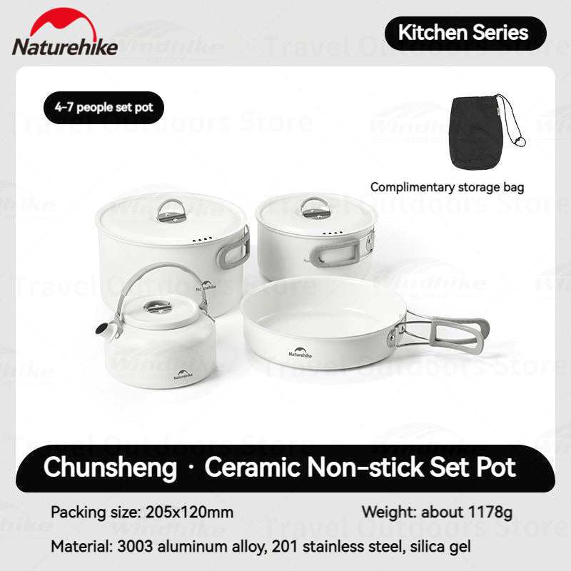 Naturehike Ceramic Non-Stick Set Of Pots And Frying Pans Portable Tableware Stackable Cookware Folding Handle Stainless Steel Aluminum Alloy