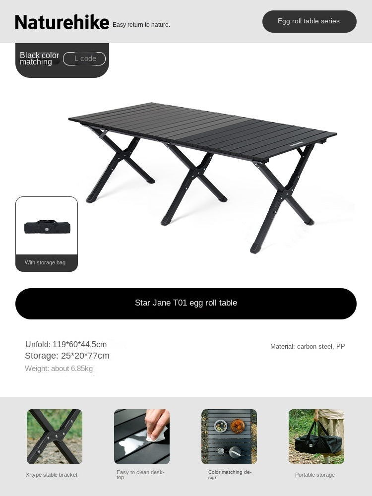 Naturehike STAR JANE T01 Egg Roll Table Portable Foldable Small Medium Large Sizes 150kg Max Load Folding Table Carbon Steel Black Khaki Carbon Steel Heavy Duty