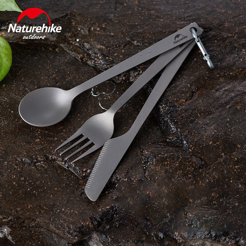 Naturehike Ultralight Titanium Tableware Set Portable Ultralight Spoon Fork Knife 3 in 1 or Piece Set Pack Camping Hiking Outdoor Picnic Beach Travel Dinnerware Heavy Duty Original Nature Hike