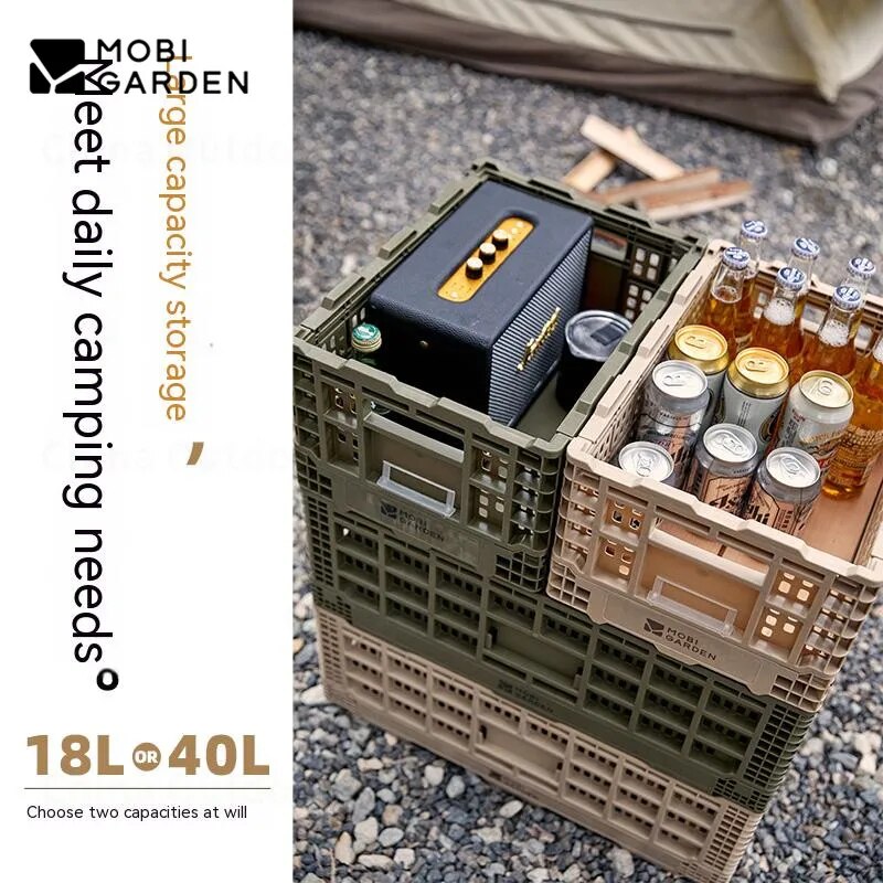 Mobi Garden Stackable Folding Basket Tray Collapsible Outdoor Camping Portable Storage Container 18/40L Small Large PP Food Grade Material Camp Kitchen Organizer Foldable Box Crate Mobigarden
