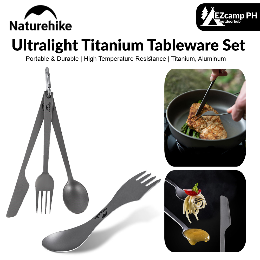 Naturehike Ultralight Titanium Tableware Set Portable Ultralight Spoon Fork Knife 3 in 1 or Piece Set Pack Camping Hiking Outdoor Picnic Beach Travel Dinnerware Heavy Duty Original Nature Hike