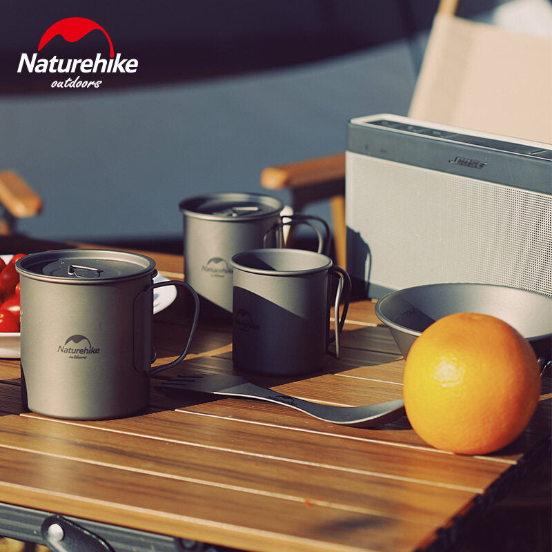 Naturehike 200 300 450 600 ML Ultralight Titanium Cup Shera Bowl Outdoor Camping Picnic Water Coffee Cup Mug Camp Kitchen Table Ware with Lid Cover Foldable Handle Nature Hike