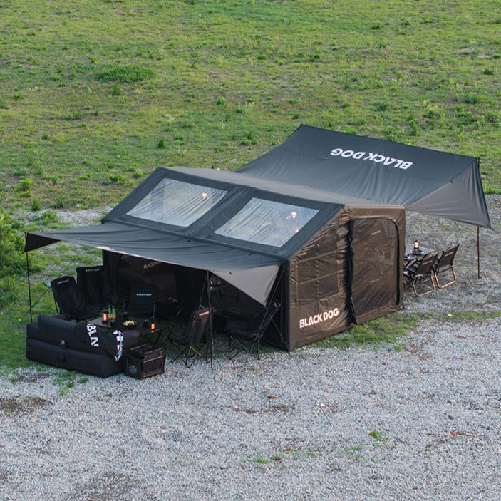 Blackdog BLACK SOAR AIR 12.0 Inflatable Cabin Style Tent Fast Build PVC Air Frames 210D Black Vinyl Coated Sunscreen Waterproof Panoramic View 6-8 Person