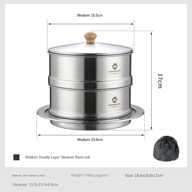 Campingmoon S363-2S Double Layer Steamer Base Set Portable Lightweight Multi-Pot Fit Three-Arc Base Design 304 Stainless Steel Home Camping Cooking Steamer