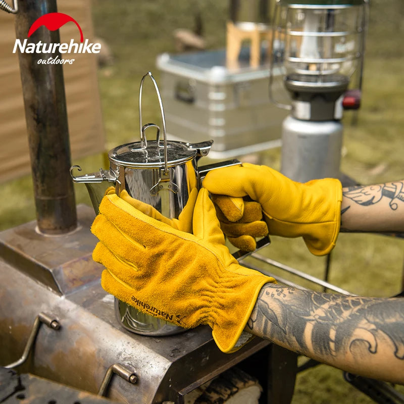 Naturehike Cowhide Leather Outdoor Working Gloves Camping Barbecue Chop Wood Gardening BBQ Heat Wear and Tear Resistant Breathable Comfortable Glove