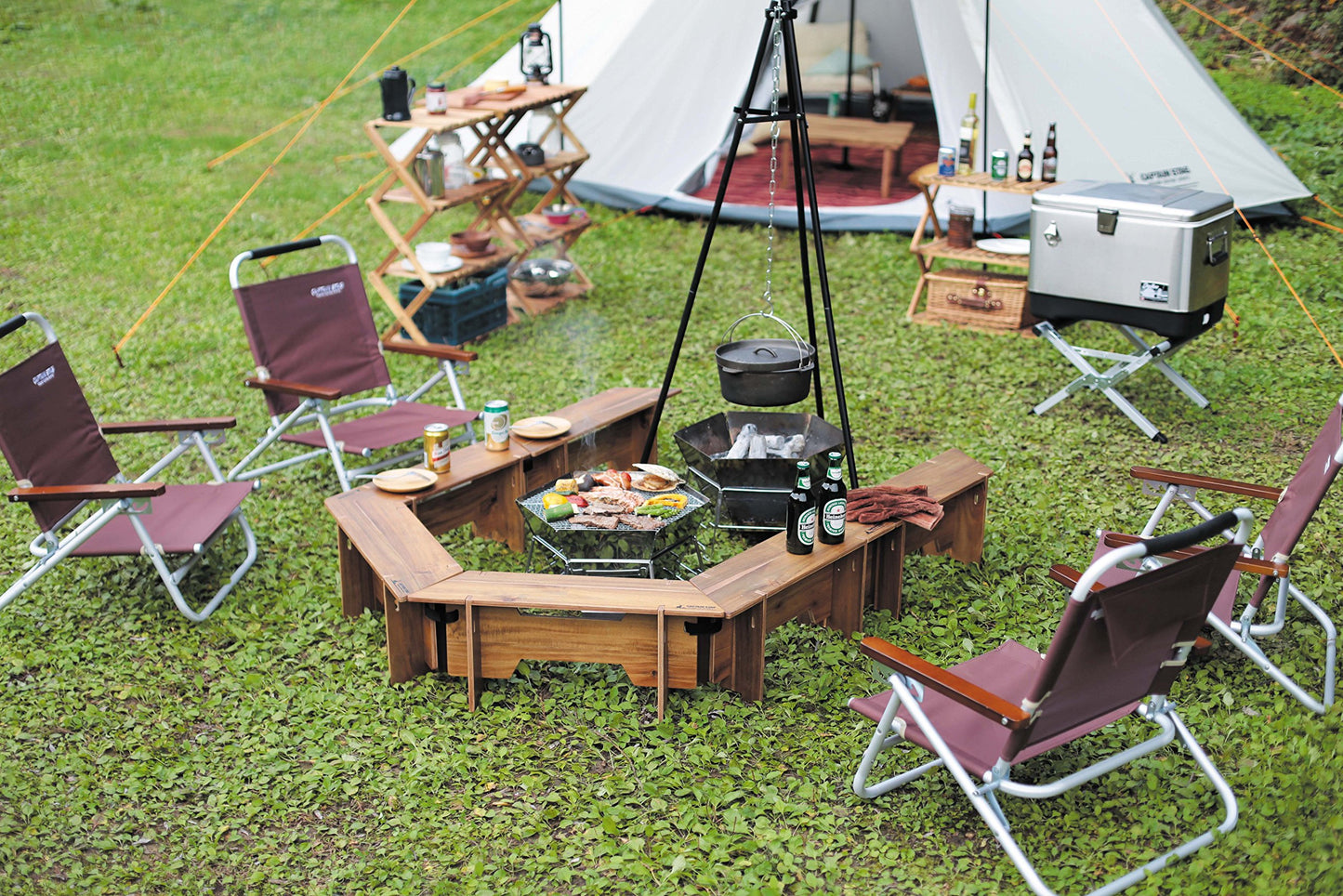 CAPTAIN STAG UP-1038 Modular Hexa Grill Table Set Portable Multi-Setup Folding Outdoor Camping BBQ Bonfire Table Natural Wood Veneer Plywood Table Set