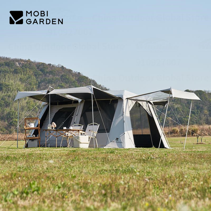 Mobi Garden HOLIDAY 13 Vinyl Coated Version Cabin Style 2 Room Large Fast Build Automatic Tent 27m² Use Space Breathable 4 Door 6 Windows Camping Tent