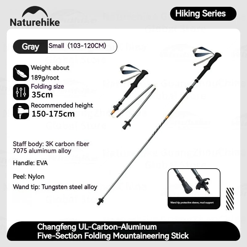 Naturehike UL Pro Mountaineering Stick Portable Ultralight 5-Section Folding Telescopic Walking Stick Pole Carbon Fiber Trekking Hiking Canes
