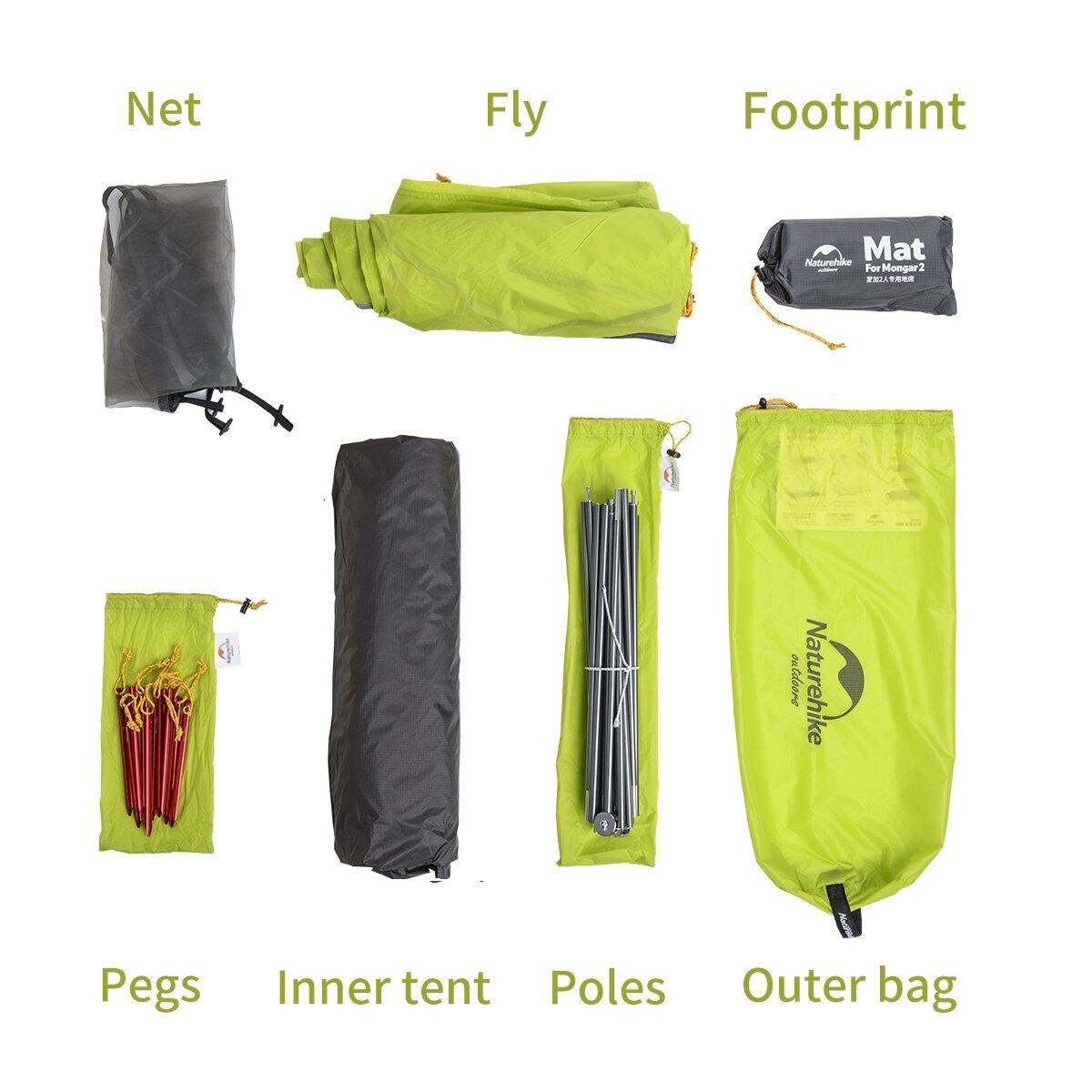 Naturehike MONGAR Series 2 Person 3 Season Camping Backpacking Hiking Ultralight Portable Outdoor Tent Waterproof Windproof 15D 20D Light Weight