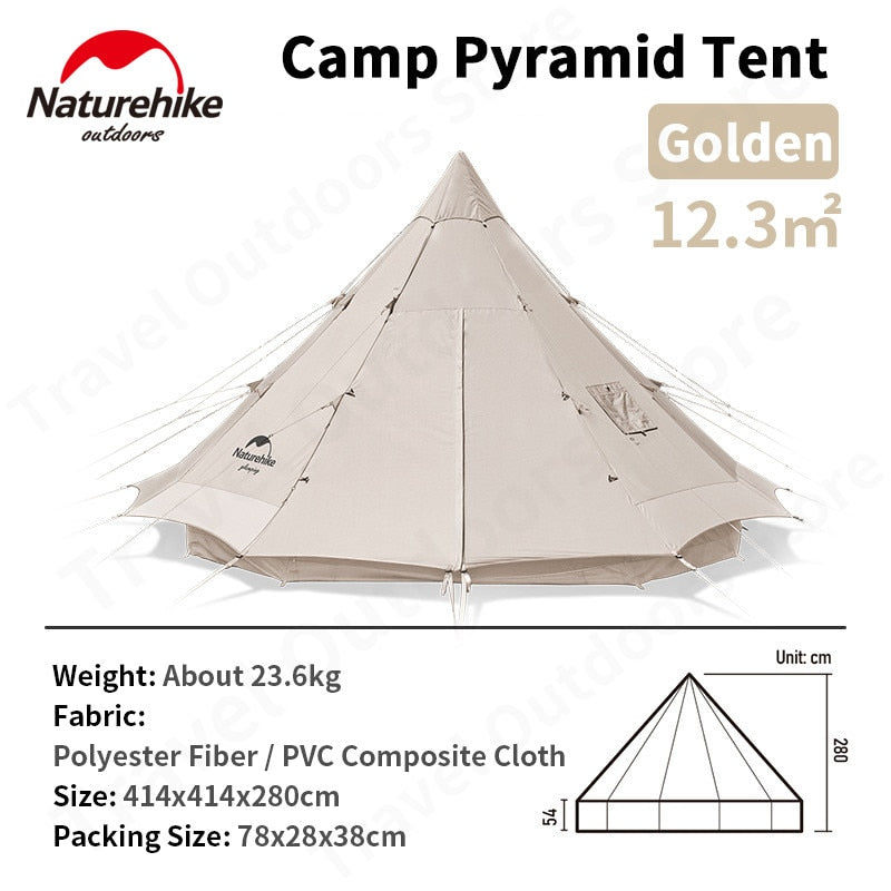 Naturehike BRIGHTEN Series 12.3 Pyramid Tent Blended Cotton Bell Camping Tent 12.3m² Large Family Group Luxury Shelter for 5 to 8 Person Tipi Tepee