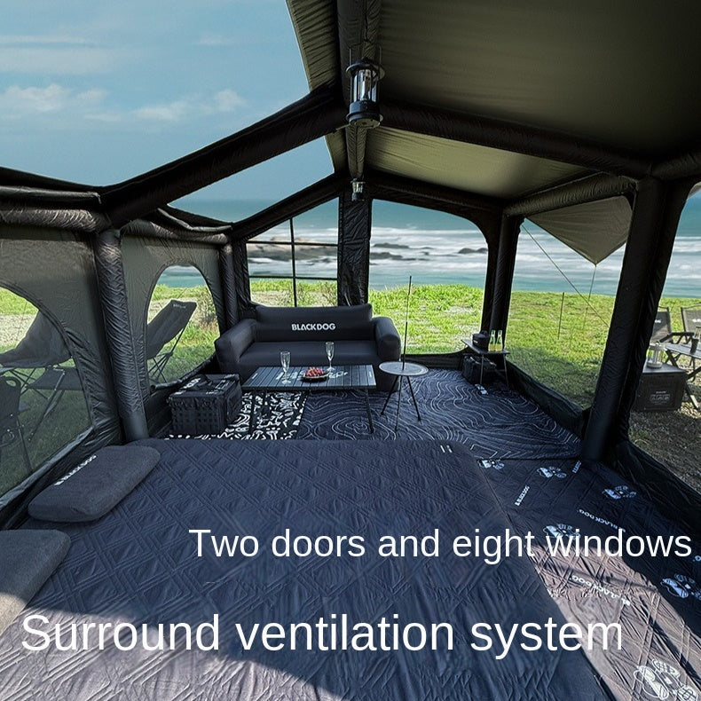 Blackdog BLACK SOAR AIR 12.0 Inflatable Cabin Style Tent Fast Build PVC Air Frames 210D Black Vinyl Coated Sunscreen Waterproof Panoramic View 6-8 Person